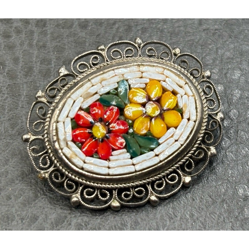 Vintage Italian Micro Mosaic Flower Brooch Pin Filigree Silver Tone